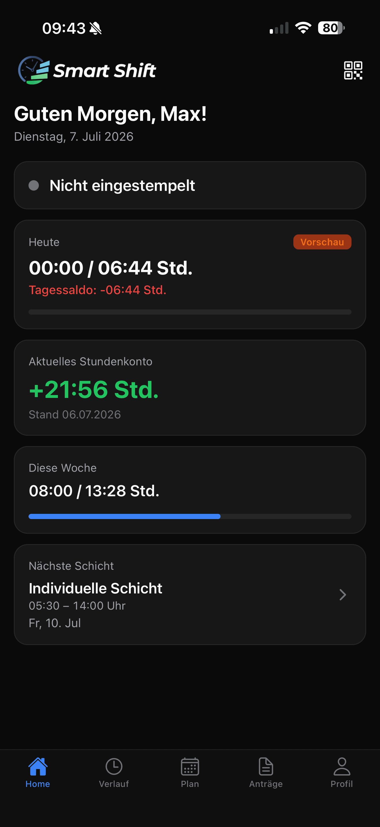 SmartShift Mitarbeiter-App — Startseite mit Stundenkonto und nächster Schicht